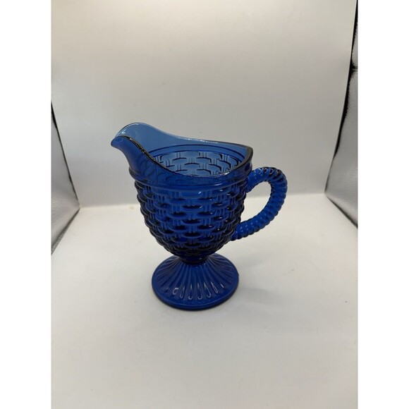 Imperial Glass Cobalt Blue Basket Weave Creamer Pitcher 5.5” - Picture 1 of 7